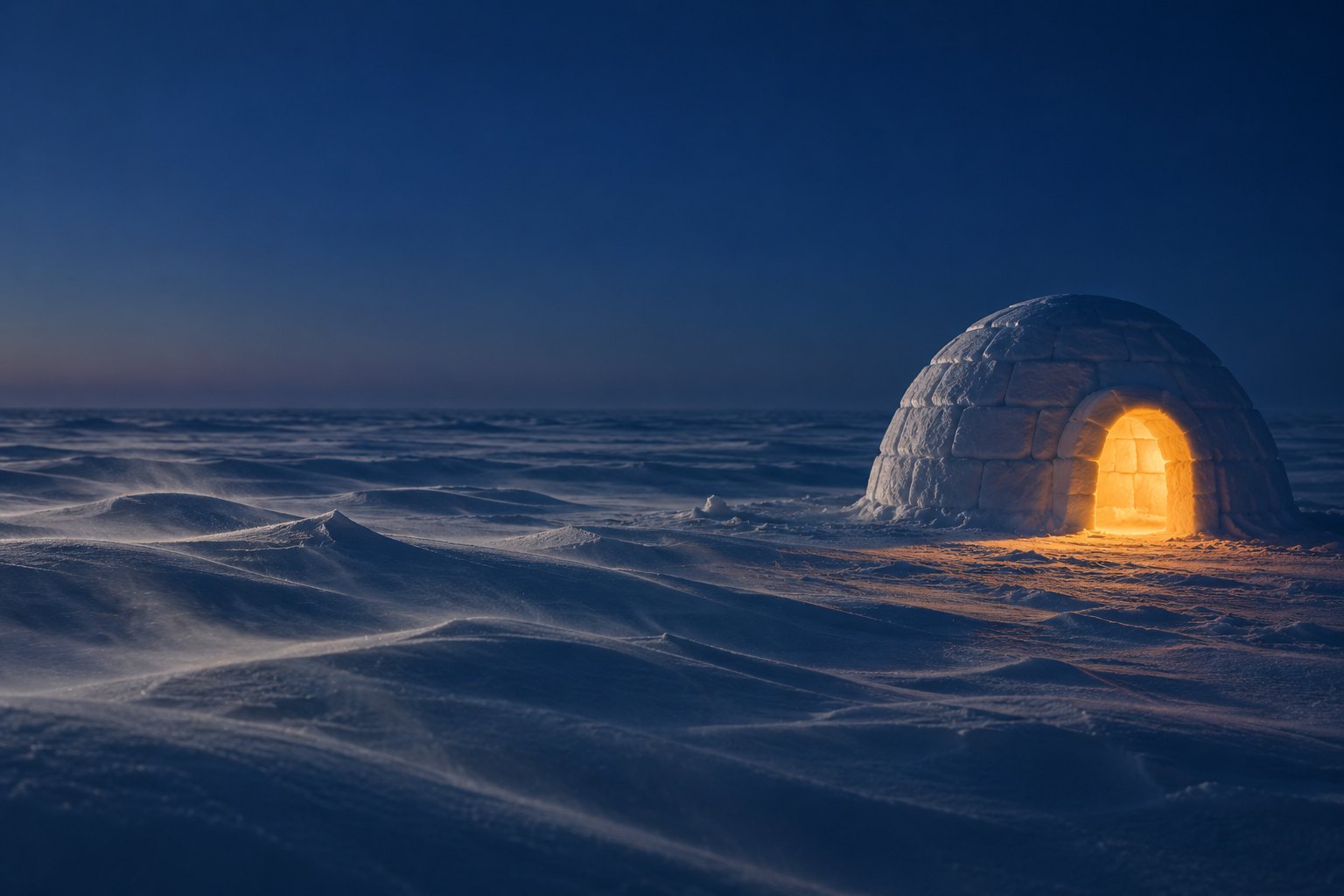 An igloo on a snowfield at blue hour, its doorway lit
